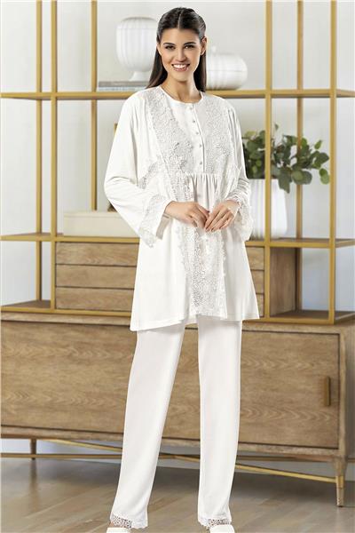 XSES 4100 Kadın Hamile Lohusa Sabahlıklı Pijama Takım-Ekru