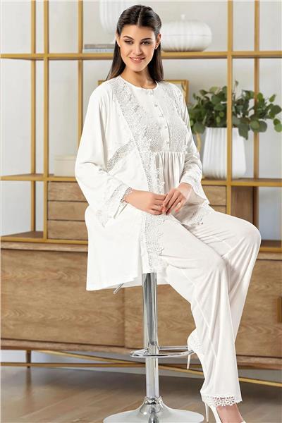 XSES 4100 Kadın Hamile Lohusa Sabahlıklı Pijama Takım-Ekru