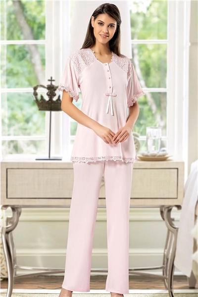 XSES 4200 Kadın Hamile Lohusa Sabahlıklı Pijama Takım-Pudra