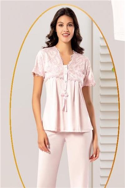 XSES 4300 Kadın Hamile Lohusa Sabahlıklı Pijama Takım-Pudra