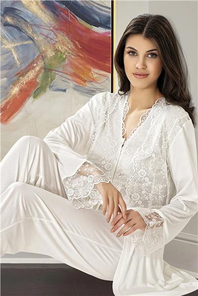 XSES 4300 Kadın Hamile Lohusa Sabahlıklı Pijama Takım-Ekru