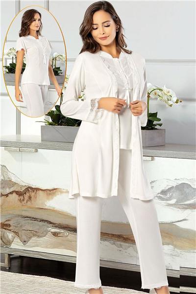XSES 4750 Kadın Hamile Lohusa Sabahlıklı Pijama Takım-Ekru