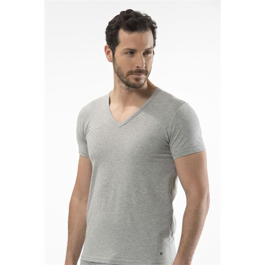 Cacharel 1306 V Yaka Kısa Kollu Erkek T-Shirt - Gri MelanjRahat Ev GiyimCACHAREL