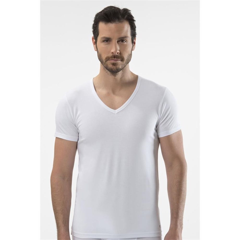 Cacharel 1306 V Yaka Kısa Kollu Erkek T-Shirt - BeyazRahat Ev GiyimCACHAREL