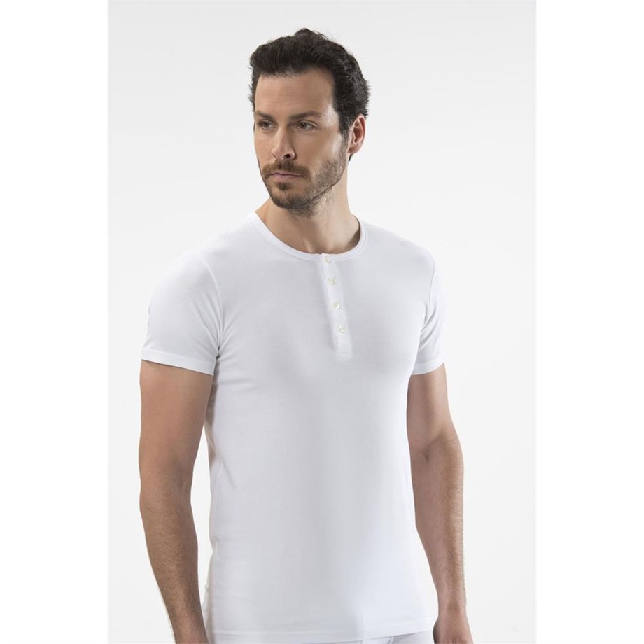 Cacharel 1308 Düğmeli Kısa Kollu Erkek T-Shirt - BeyazRahat Ev GiyimCACHAREL