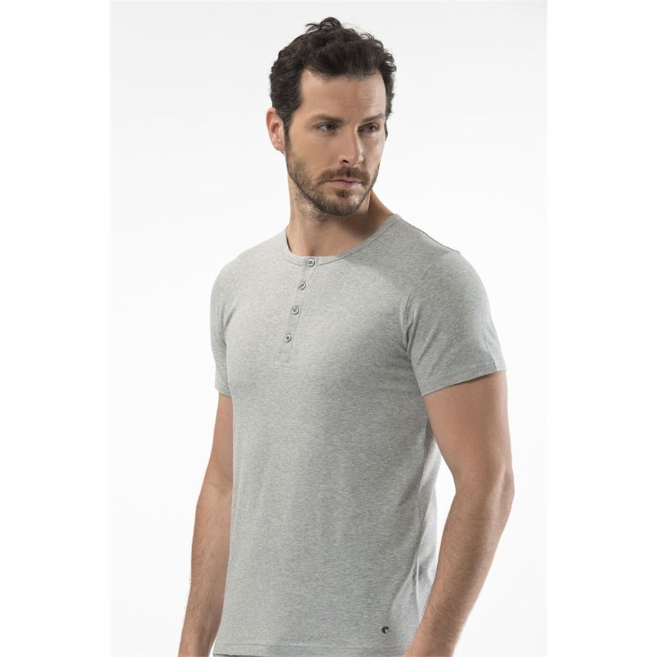Cacharel 1308 Düğmeli Kısa Kollu Erkek T-Shirt - Gri MelanjRahat Ev GiyimCACHAREL