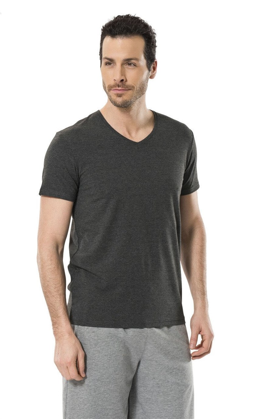 Cacharel 1332 V Yaka Kısa Kollu Erkek T-Shirt - Antrasit MelanjRahat Ev GiyimCACHAREL