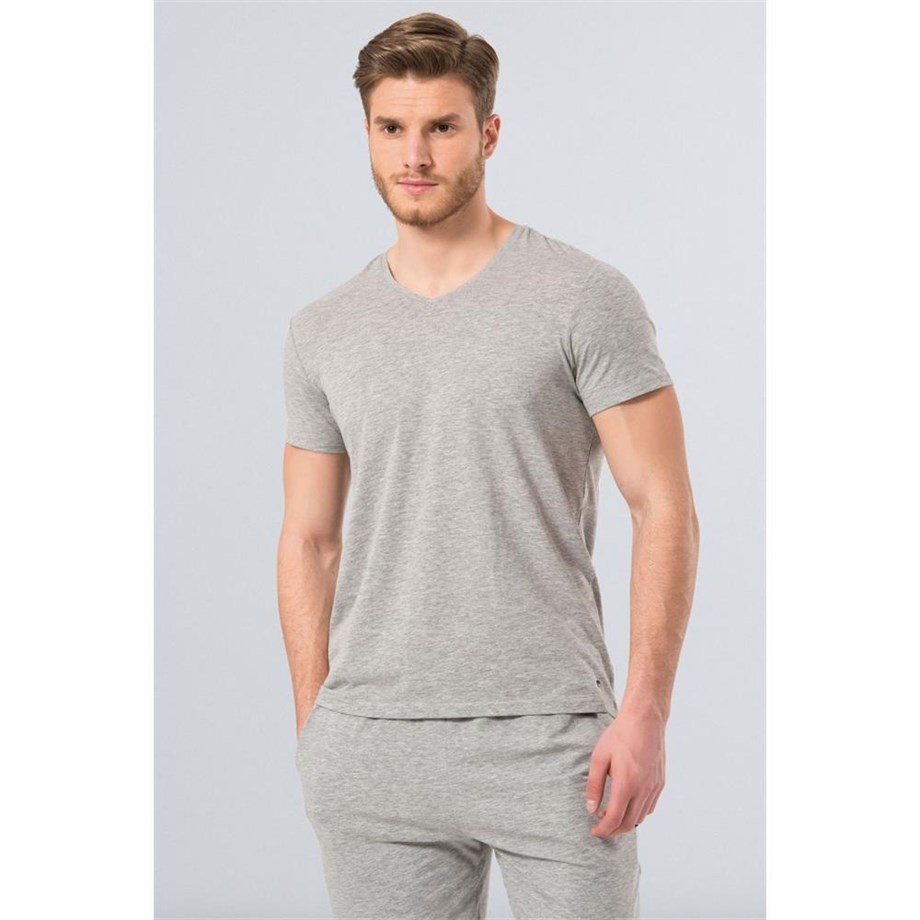 Cacharel 1332 V Yaka Kısa Kollu Erkek T-Shirt - Gri MelanjRahat Ev GiyimCACHAREL