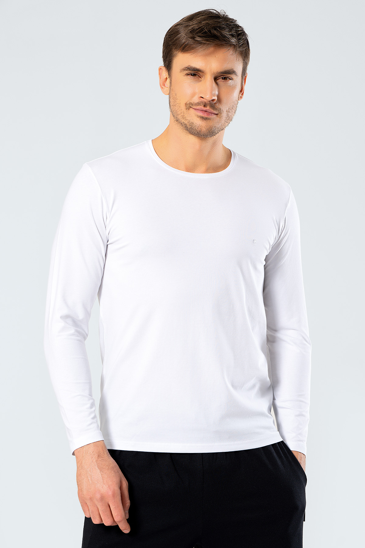 Rahat Ev GiyimCacharel 1333 Erkek O Yaka Uzun Kollu T-Shirt - Beyaz