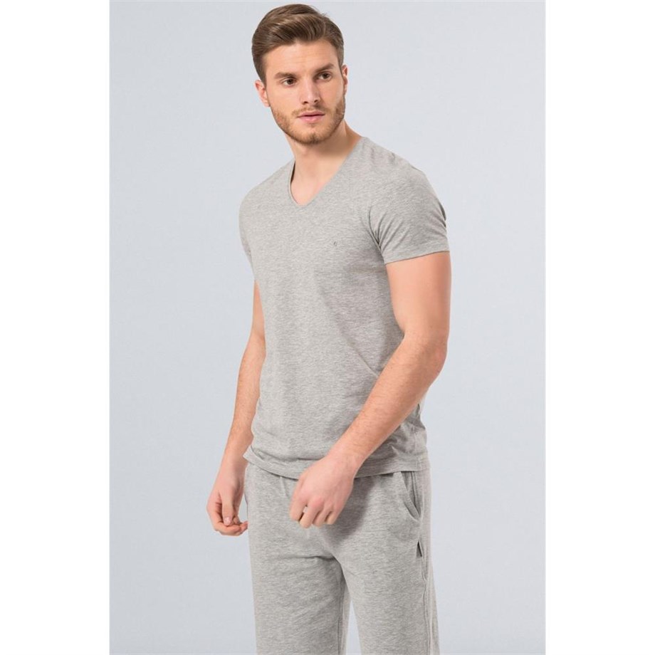 Cacharel 2170 Modal V Yaka Erkek T-Shirt  - Gri MelanjRahat Ev GiyimCACHAREL