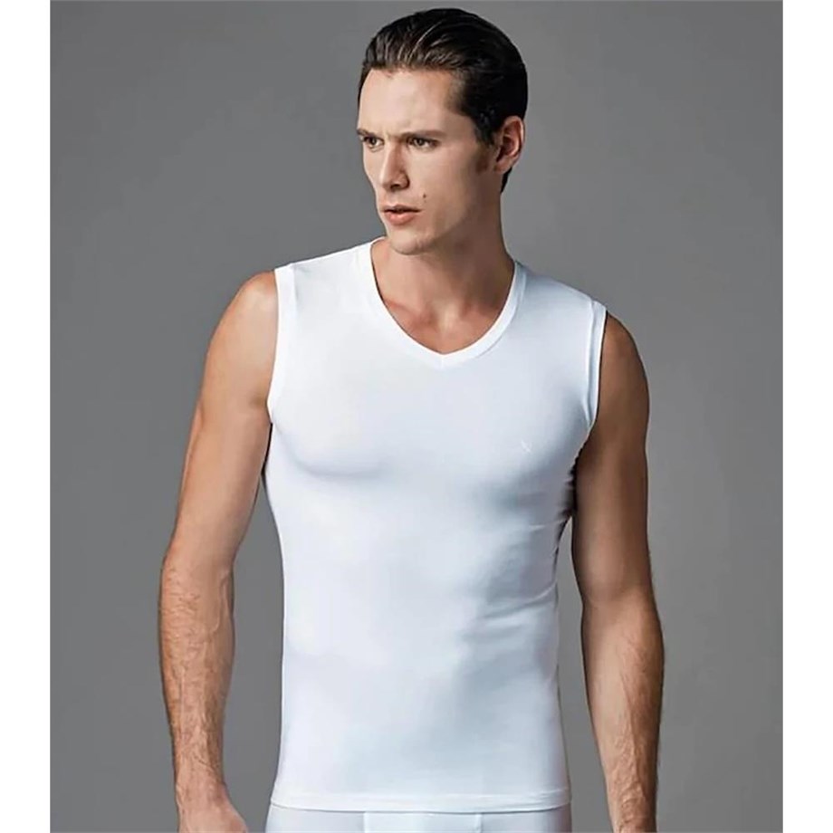 Eros ERS006 Compact Erkek V Yaka Atlet Kolsuz Erkek T-Shirt (İkili Paket) - BeyazAtletlerEROS