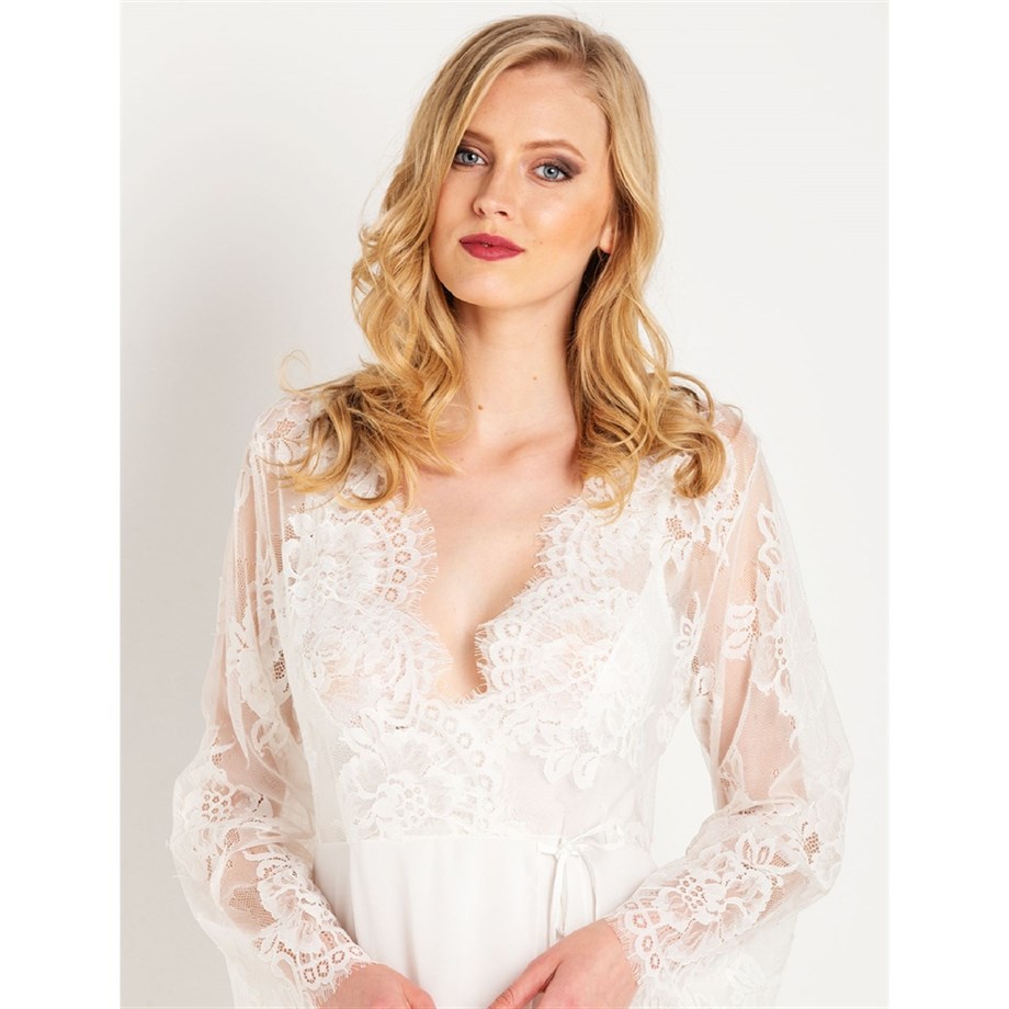 Magic Form 31770 Püsküllü Dantelli Krep Uzun Sabahlık - EkruSabahlıklarMagic Form