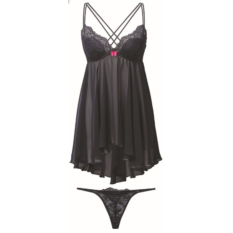 Magic Form 823 Arkası Uzun Önü Kısa Dantelli Süngerli Sütyenli Gecelik - SiyahGeceliklerMagic Form