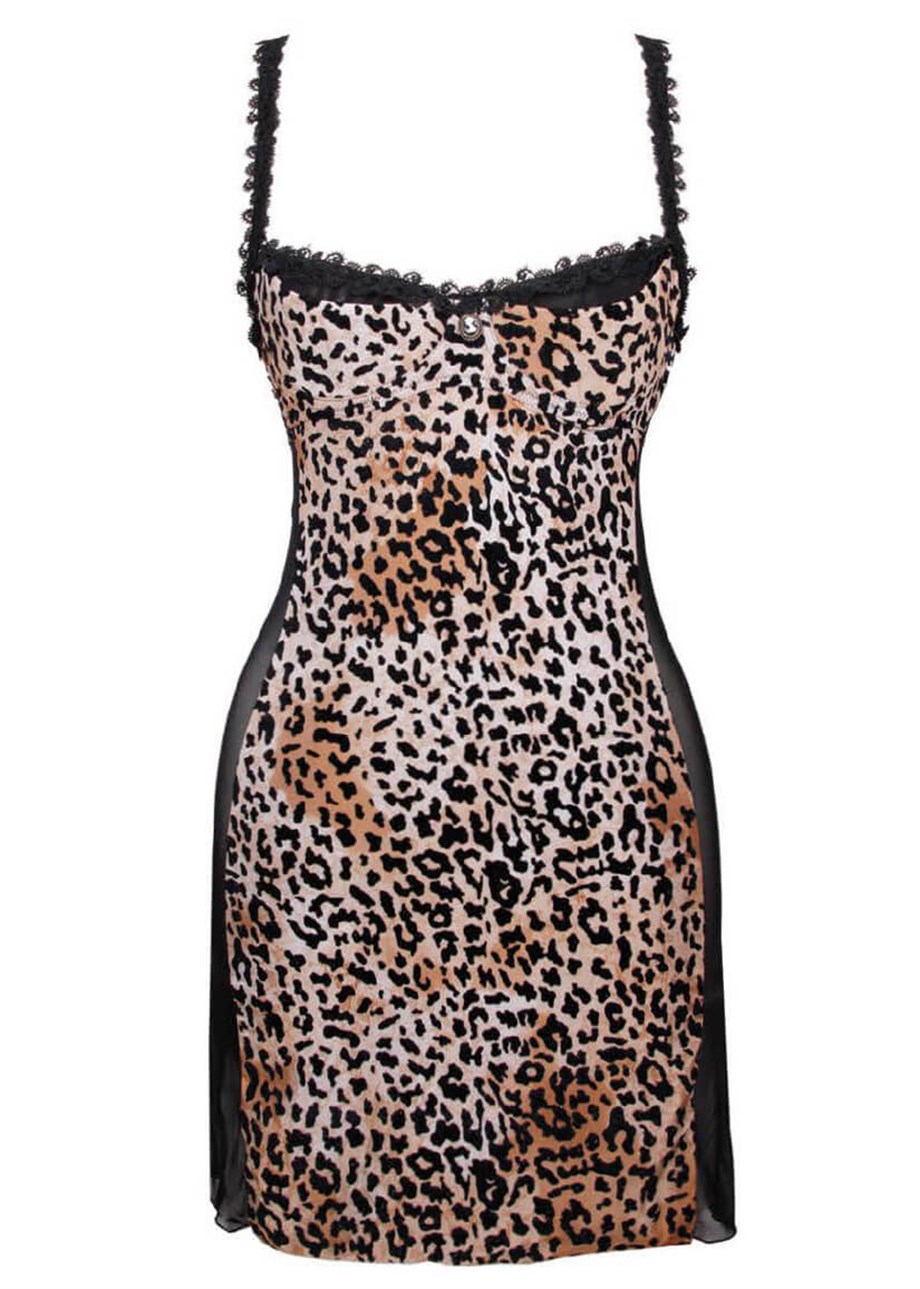 Magic Form 8290 Kadife Leopar Desenli Kumaşlı Dekolte Göğsü Sütyenli Gecelik - Leo KahveGeceliklerMagic Form