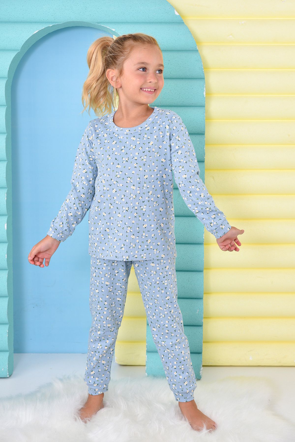 Pikidor 404 Kız Çocuk Fitilli Şardonlu Uzun Kollu Pijama Takım-Mavi |  Pijamapazari.com