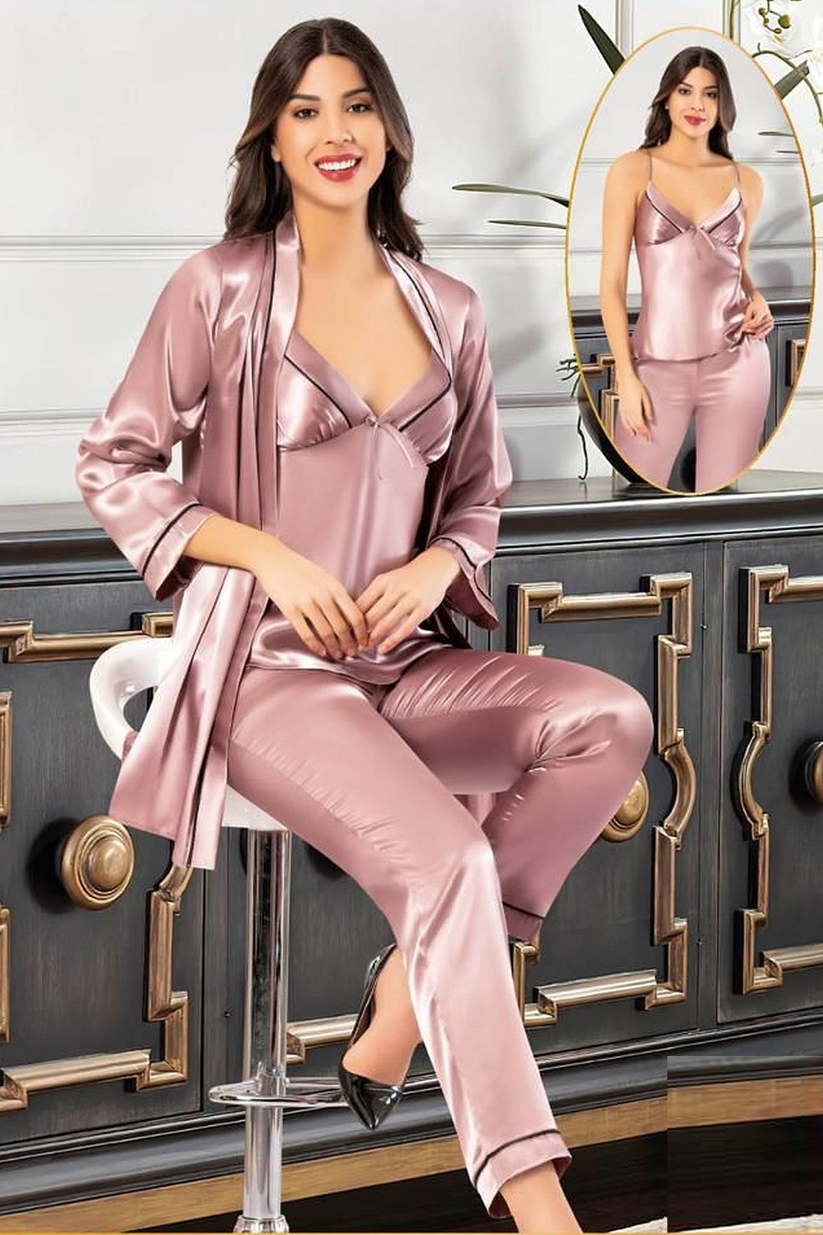 Sabahlıklı Pijama TakımlarXSES 2101 Kadın Saten Sabahlıklı Pijama Takım-Vizon | Pijamapazari.comXSES 2101 Kadın Saten Sabahlıklı Pijama Takım-Vizon