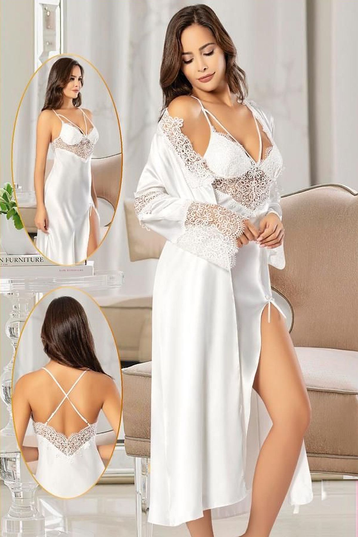 Sabahlıklı Gecelik TakımlarXSES 2104 Kadın Saten Sabahlıklı Gecelik Takım-Ekru | Pijamapazari.comXSES 2104 Kadın Saten Sabahlıklı Gecelik Takım-Ekru