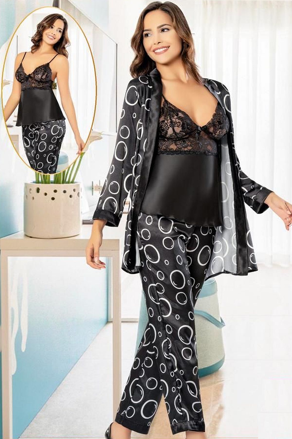 Sabahlıklı Pijama TakımlarXSES 2152 Kadın Saten Empirme Sabahlıklı Pijama Takım-Siyah | Pijamapazari.comXSES 2152 Kadın Saten Empirme Sabahlıklı Pijama Takım-Siyah