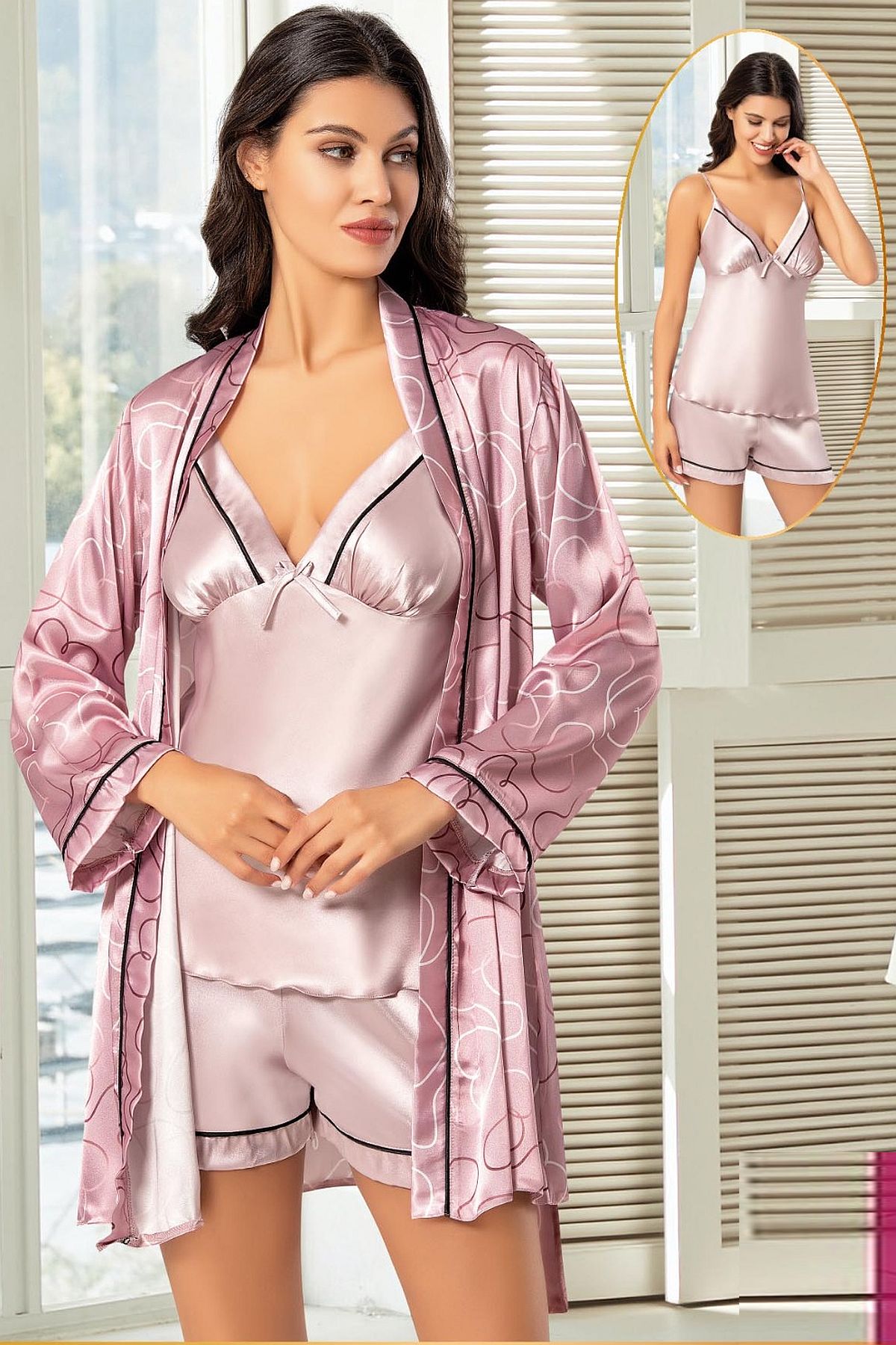 Sabahlıklı Pijama TakımlarXSES 2156 Kadın Saten Empirme Sabahlıklı Şort Takım-Gülkurusu | Pijamapazari.comXSES 2156 Kadın Saten Empirme Sabahlıklı Şort Takım-Gülkurusu