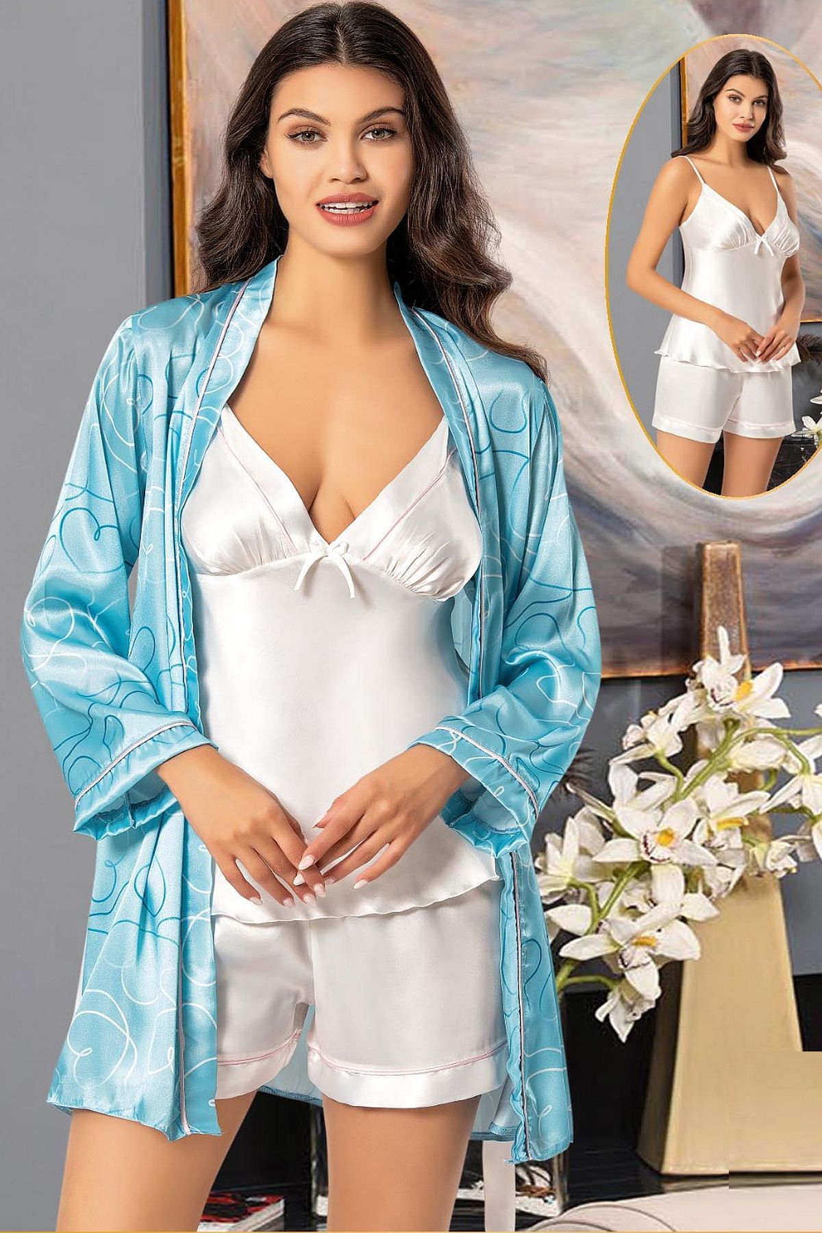 Sabahlıklı Pijama TakımlarXSES 2156 Kadın Saten Empirme Sabahlıklı Şort Takım-Mavi | Pijamapazari.comXSES 2156 Kadın Saten Empirme Sabahlıklı Şort Takım-Mavi