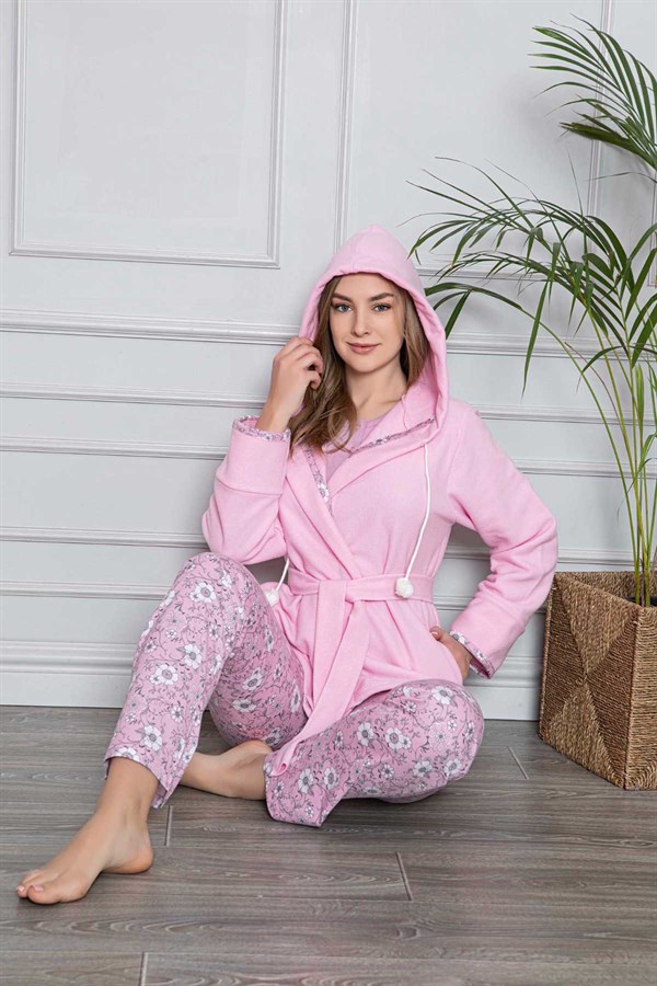 Kadın Çiçek Desenli Sabahlık ve Pijama Takımı
