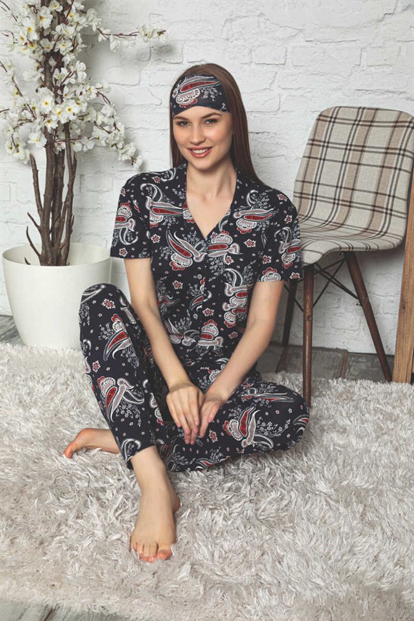 Kadın Pijama Takımı Kısa Kol Boydan Düğmeli Şal Desen