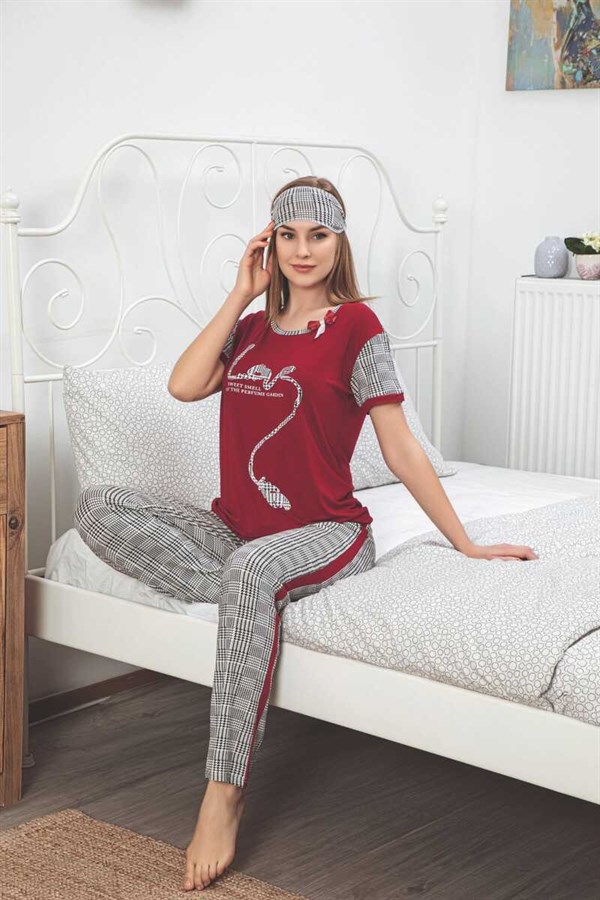 Kadın Pijama Takımı Kısa Kol Love Baskı Göz Bantlı
