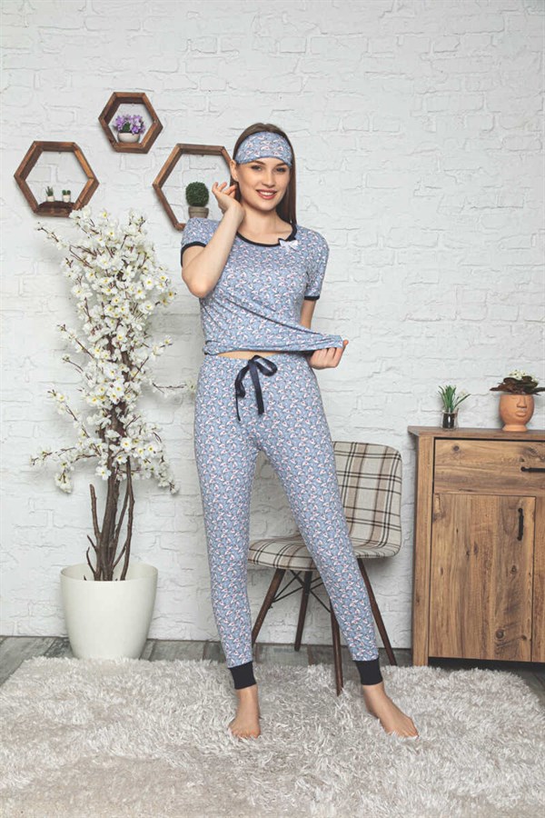 Kadın Pijama Takımı Kısa Kol Paçası Lastikli Desenli