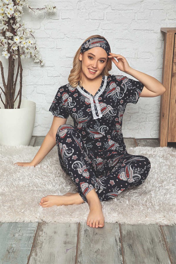 Kadın Pijama Takımı Kısa Kol Şal Desenli V Yaka Göz Bantlı