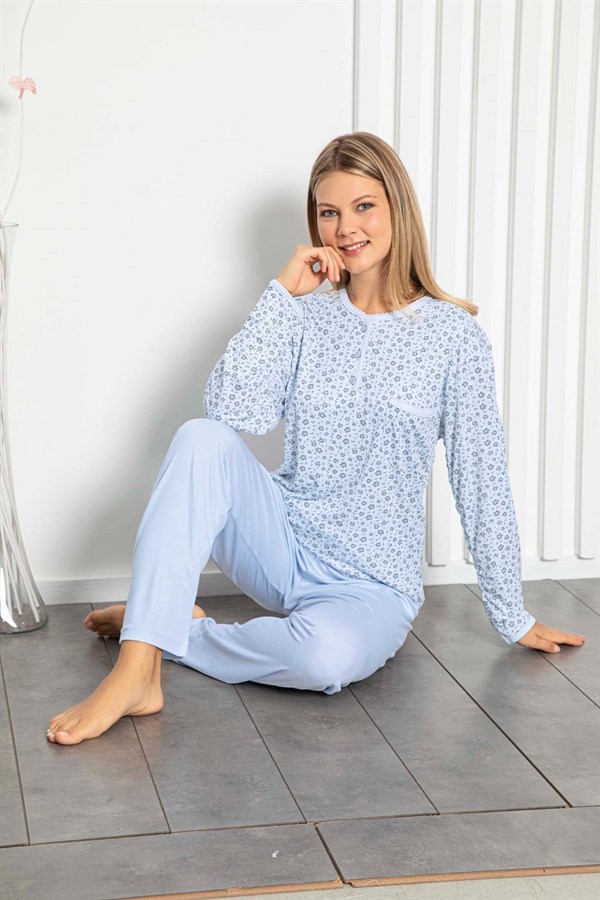 Kadın Pijama Takımı Üç Düğmeli Cepli Üst Çiçek Desenli