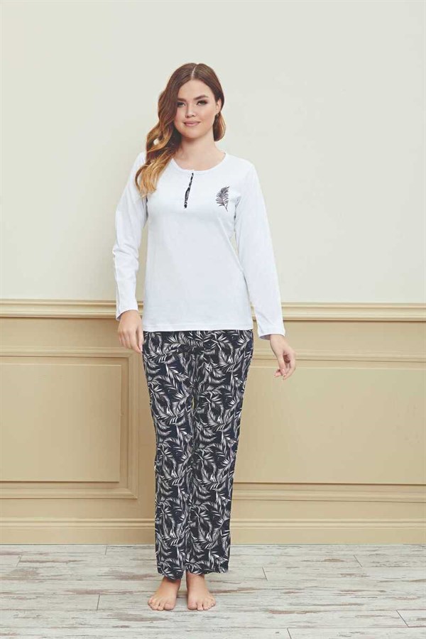 Kadın Pijama Takımı Uzun Kol Üç Düğmeli Yaprak Desen