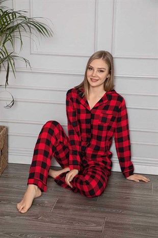 Kadın Düğmeli Gömlek Yaka Pijama Takımı