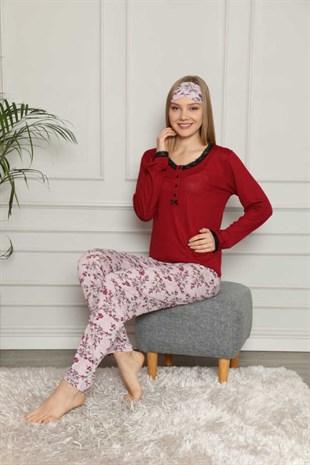 Kadın Pijama Takım Uzun Kol 4 Düğmeli Dantel Detay