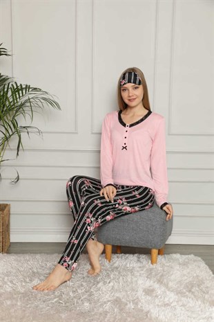 Kadın Pijama Takım Uzun Kol Dört Düğmeli Dantelli