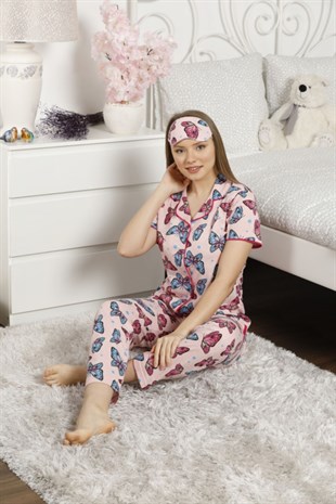 Kadın Pijama Takımı Boydan Düğmeli Kelebek Baskılı