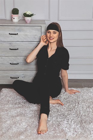 Kadın Pijama Takımı Kısa Kol Boydan Düğmeli Biyeli Göz Bantlı