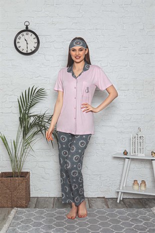 Kadın Pijama Takımı Kısa Kol Boydan Düğmeli Kuş Desenli Göz Bantlı