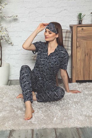 Kadın Pijama Takımı Kısa Kol Boydan Düğmeli Midye Desen
