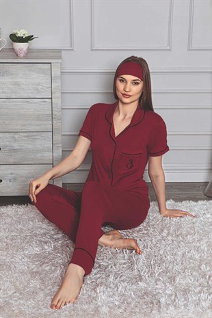 Kadın Pijama Takımı Kısa Kol Boydan Düğmeli Siyah Biyeli Göz Bantlı