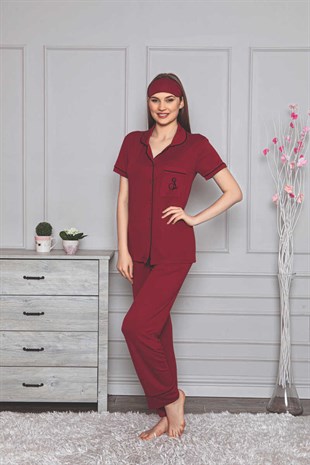 Kadın Pijama Takımı Kısa Kol Boydan Düğmeli Siyah Biyeli Göz Bantlı
