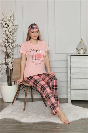 Kadın Pijama Takımı Kısa Kol Bulut Baskı Göz Bantlı