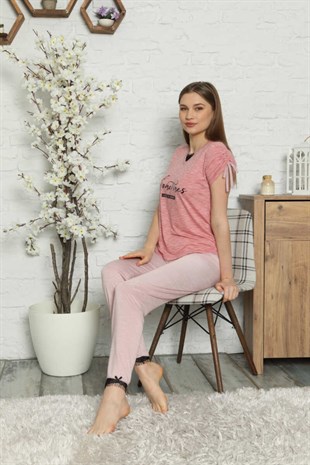 Kadın Pijama Takımı Kısa Kol Büzgülü Kol