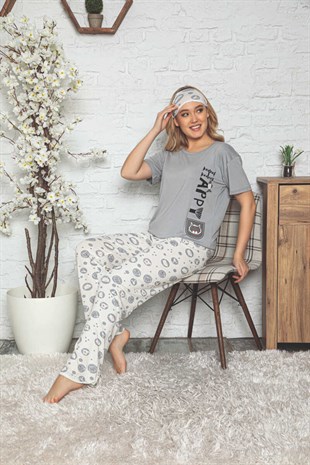 Kadın Pijama Takımı Kısa Kol Happy Desenli Göz Bantlı