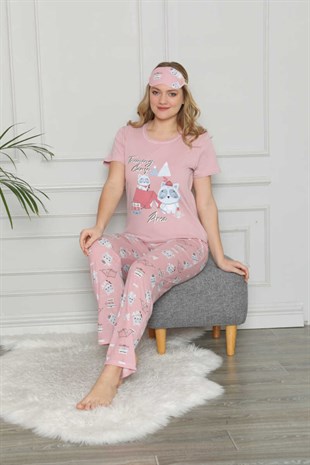 Kadın Pijama Takımı Kısa Kol Kedi Baskılı Göz Bantlı