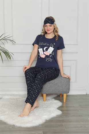 Kadın Pijama Takımı Kısa Kol Kedi-Bulut Baskılı