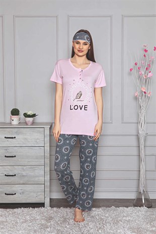 Kadın Pijama Takımı Kısa Kol Kuş Desenli Göz Bantlı