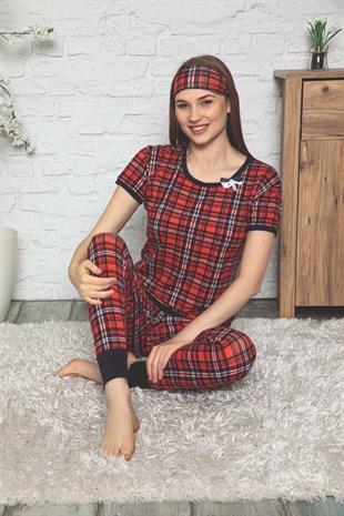 Kadın Pijama Takımı Kısa Kol Paçası Lastikli Ekoseli