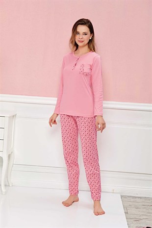 Kadın Pijama Takımı Uzun Kol 3 Düğmeli Çiçek Desenli