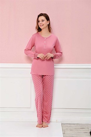 Kadın Pijama Takımı Uzun Kol 3 Düğmeli Alt Desenli