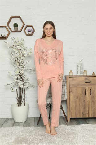 Kadın Pijama Takımı Uzun Kol Çiçek Baskılı